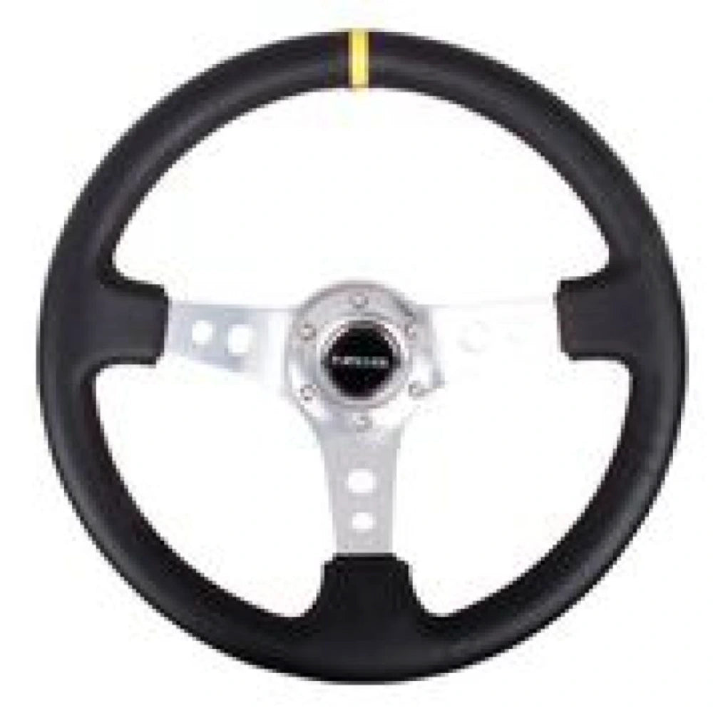NRG Reinforced Steering Wheel (350mm / 3in. Deep) Blk Leather w/Circle Cut Spokes & Single Yellow CM - NRG RST-006SL-Y