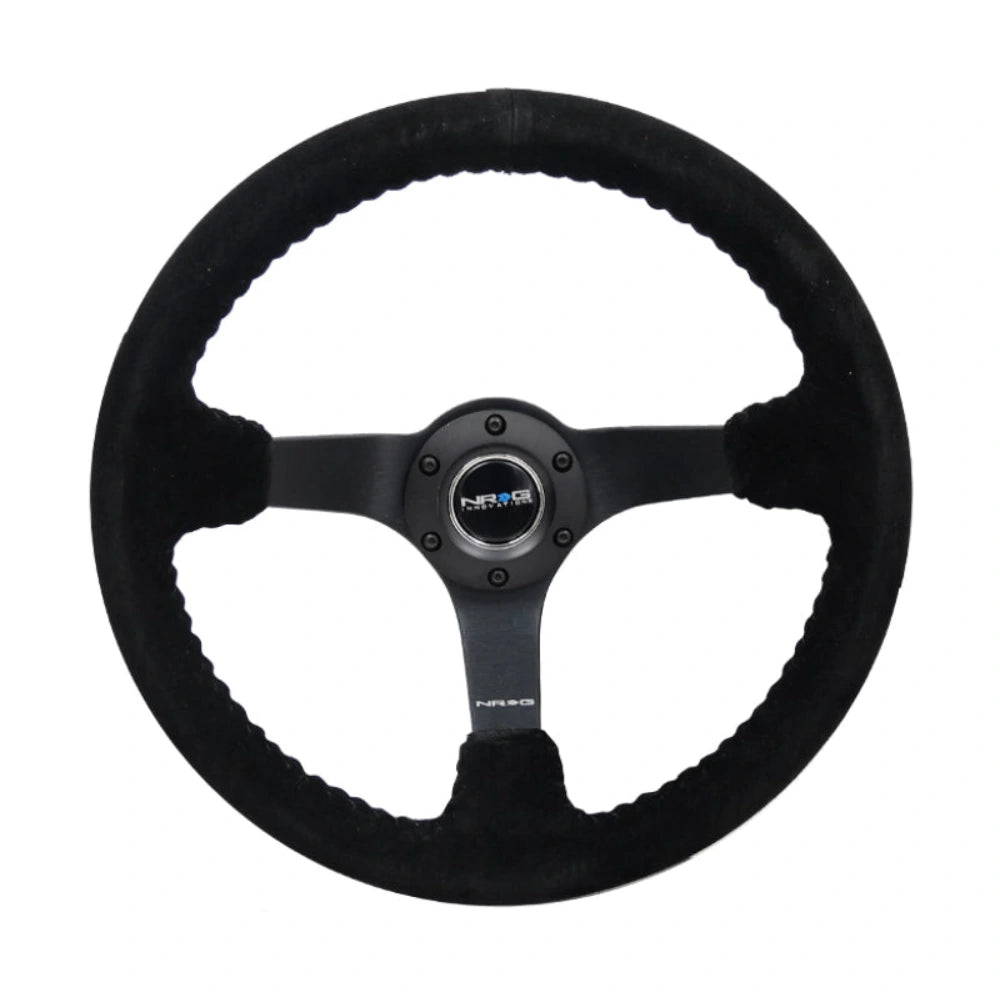 NRG Reinforced Steering Wheel (350mm / 3in. Deep) Blk Suede/Blk Bball Stitch w/5mm Matte Black Spoke - NRG RST-036MB-S-BK