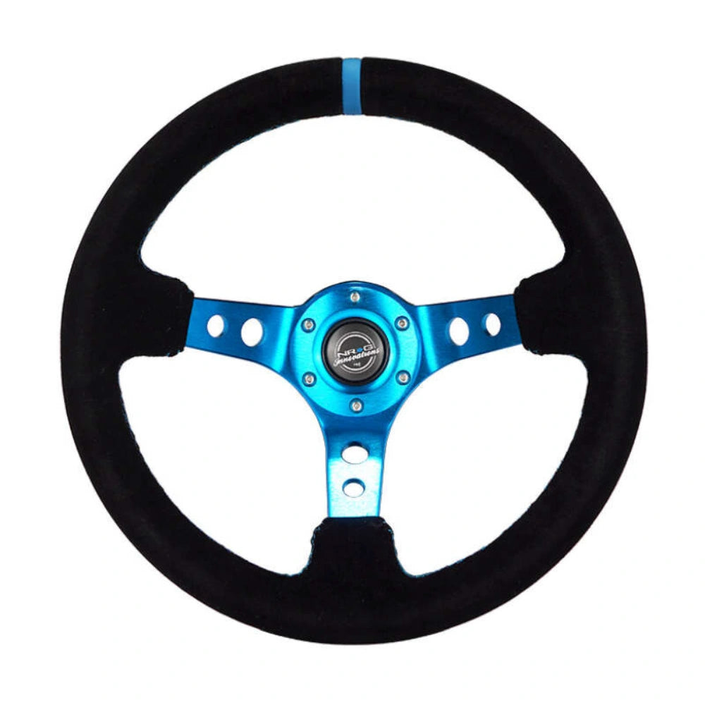 NRG Reinforced Steering Wheel (350mm) 3in Deep Blue Spoke W/ Holes - Black Suede Blue Stripe/Stitch - NRG RST-006S-BL