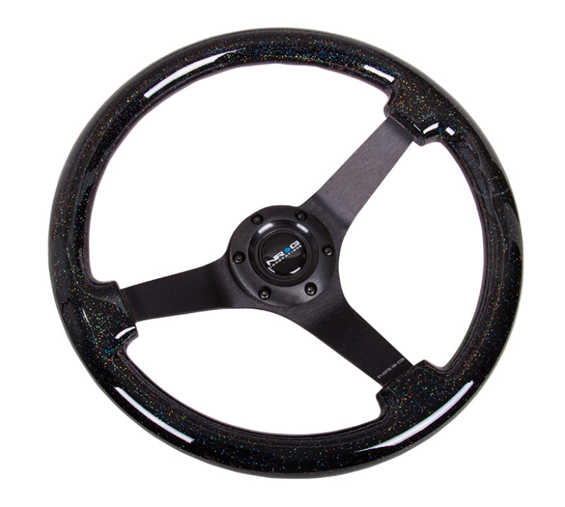 NRG Reinforced Steering Wheel (350mm / 3in Deep) Classic Blk Sparkle Wood Grain w/Blk 3-Spoke Center - Black Ops Auto Works