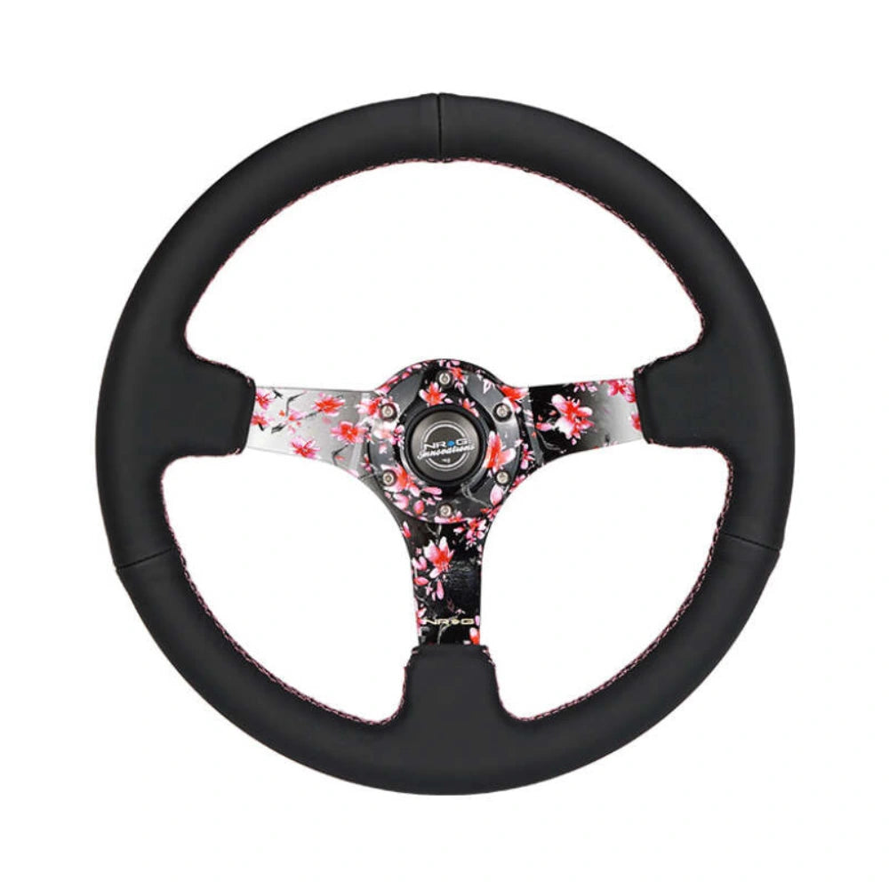 NRG Reinforced Steering Wheel (350mm/3in.) Hydro Dipped Sakura Floral w/ Pink Suede Black Stitch - NRG RST-036SAK-R