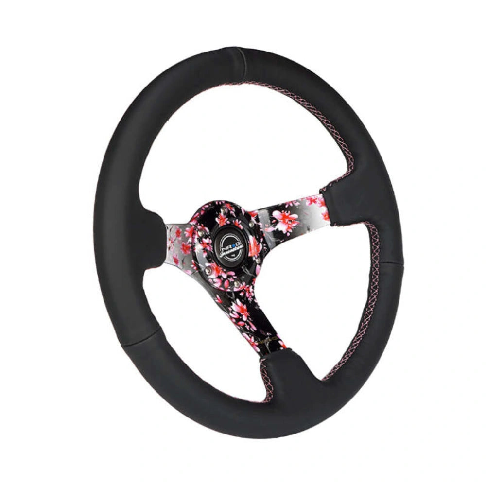 NRG Reinforced Steering Wheel (350mm/3in.) Hydro Dipped Sakura Floral w/ Pink Suede Black Stitch - NRG RST-036SAK-R