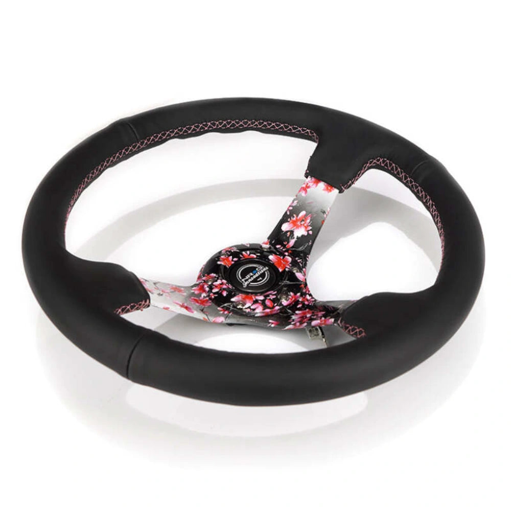 NRG Reinforced Steering Wheel (350mm/3in.) Hydro Dipped Sakura Floral w/ Pink Suede Black Stitch - NRG RST-036SAK-R
