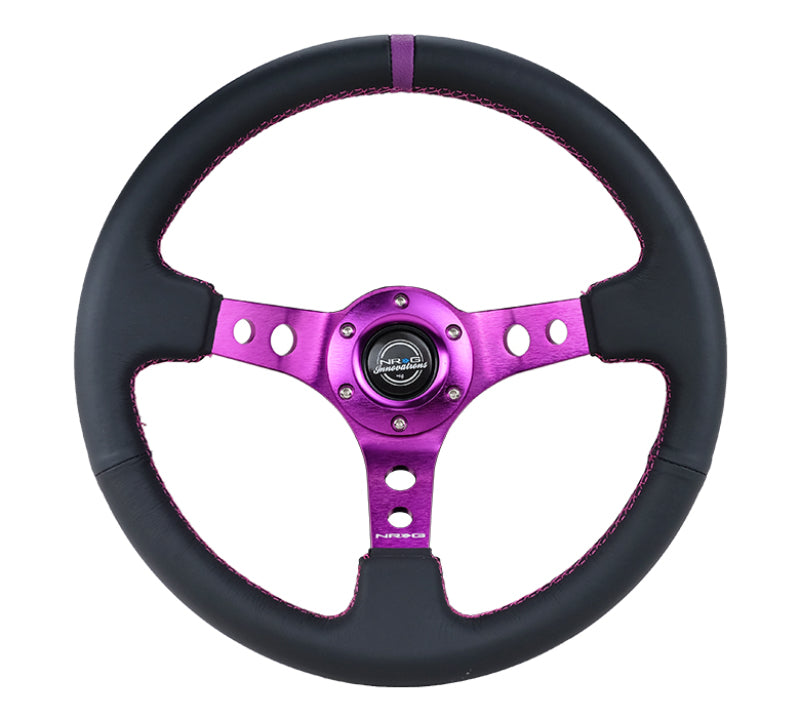 NRG Reinforced Steering Wheel (350mm / 3in. Deep) Black Leather w/Purple Center & Purple Stitching - Black Ops Auto Works