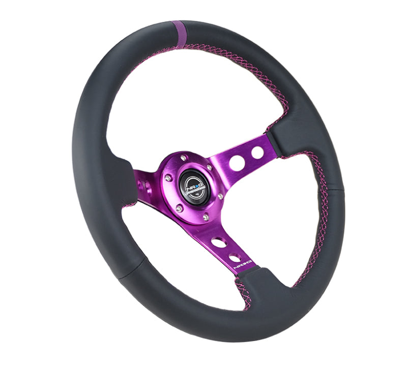 NRG Reinforced Steering Wheel (350mm / 3in. Deep) Black Leather w/Purple Center & Purple Stitching - Black Ops Auto Works