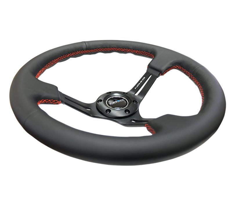 NRG Reinforced Steering Wheel (350mm / 3in. Deep) Black Leather/Red Stitch & Blk 3-Spoke w/Slits - Black Ops Auto Works