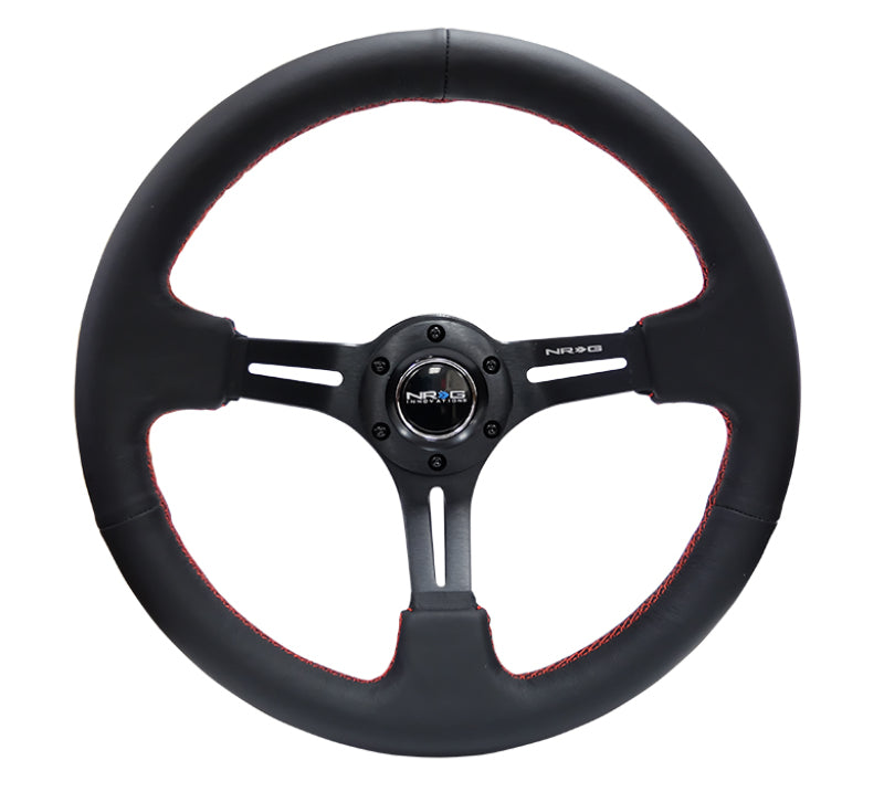 NRG Reinforced Steering Wheel (350mm / 3in. Deep) Black Leather/Red Stitch & Blk 3-Spoke w/Slits - Black Ops Auto Works