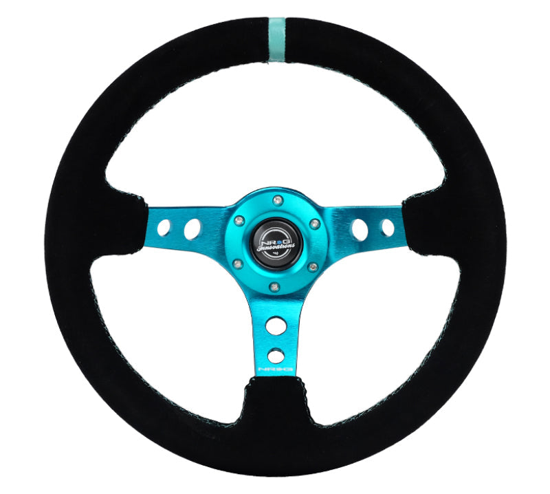 NRG Reinforced Steering Wheel (350mm/ 3in. Deep) Black Suede/ Teal Center Mark/ Teal Stitching - Black Ops Auto Works