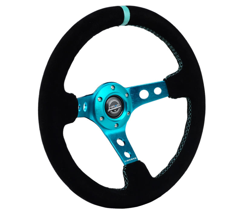 NRG Reinforced Steering Wheel (350mm/ 3in. Deep) Black Suede/ Teal Center Mark/ Teal Stitching - Black Ops Auto Works