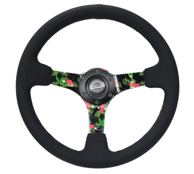 NRG Reinforced Steering Wheel (350mm / 3in. Deep) Black Suede w/ 5mm Floral 3-Spoke Center - Black Ops Auto Works