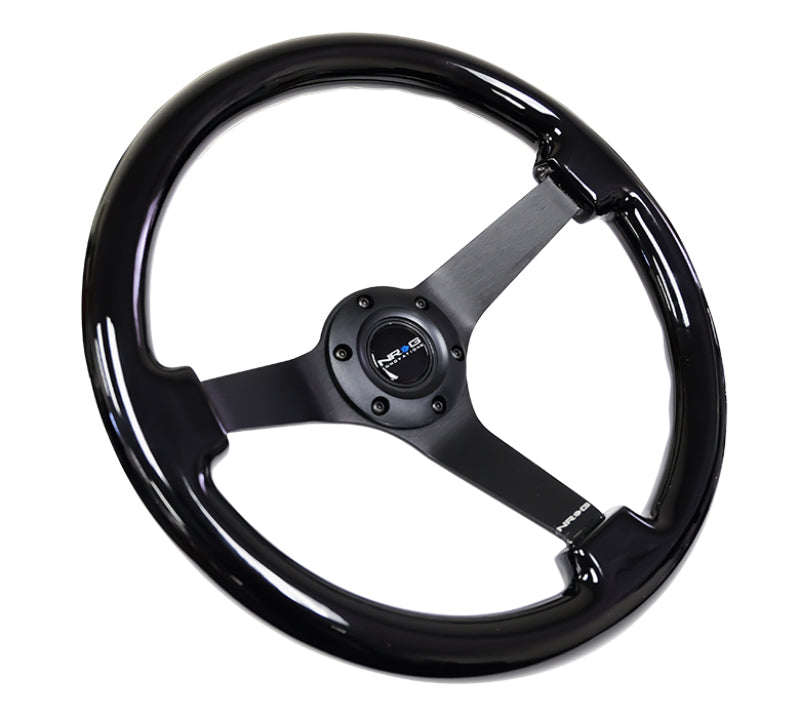 NRG Reinforced Steering Wheel (350mm / 3in. Deep) Black w/Black Chrome Solid 3-Spoke Center - Black Ops Auto Works