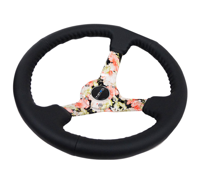 NRG Reinforced Steering Wheel (350mm / 3in. Deep) Blk Leather Floral Dipped w/ Blk Baseball Stitch - Black Ops Auto Works