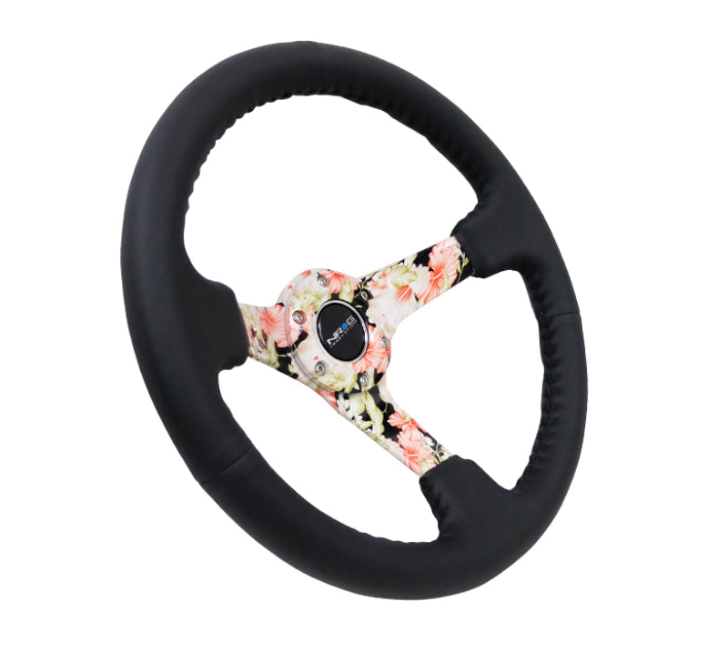 NRG Reinforced Steering Wheel (350mm / 3in. Deep) Blk Leather Floral Dipped w/ Blk Baseball Stitch - Black Ops Auto Works