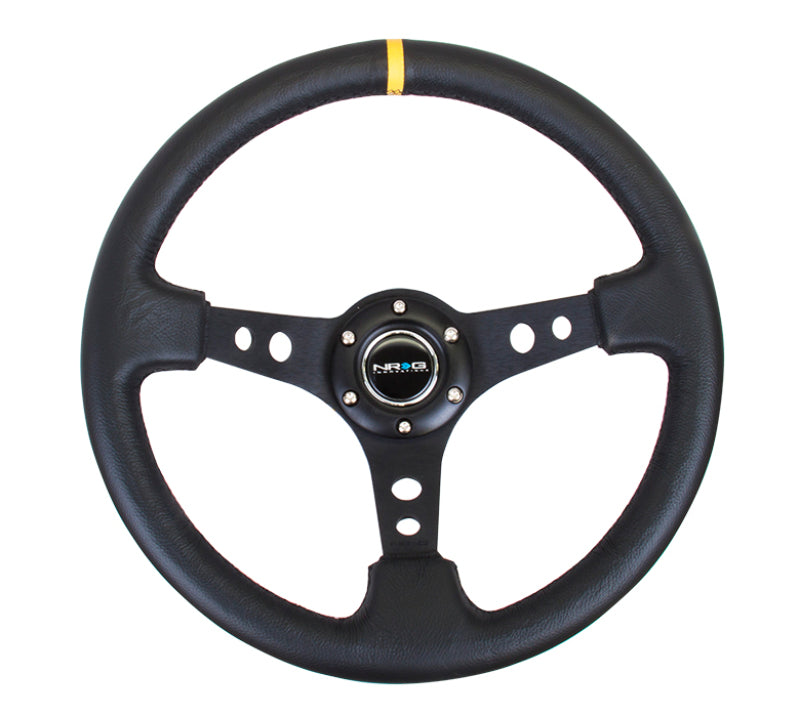 NRG Reinforced Steering Wheel (350mm / 3in. Deep) Blk Leather w/Blk Cutout Spoke/Yellow Center Mark - Black Ops Auto Works