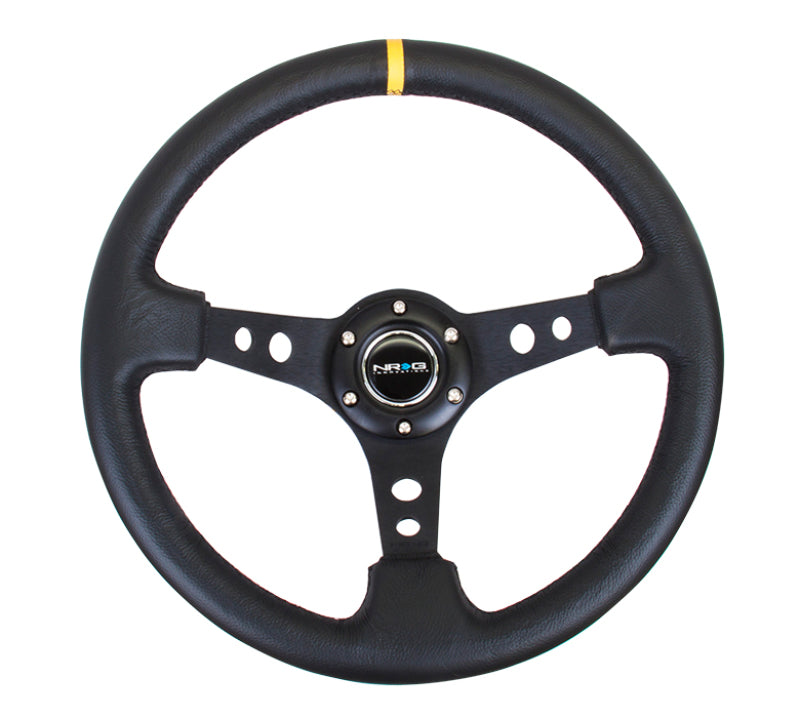 NRG Reinforced Steering Wheel (350mm / 3in. Deep) Blk Leather w/Blk Cutout Spoke/Yellow Center Mark - Black Ops Auto Works