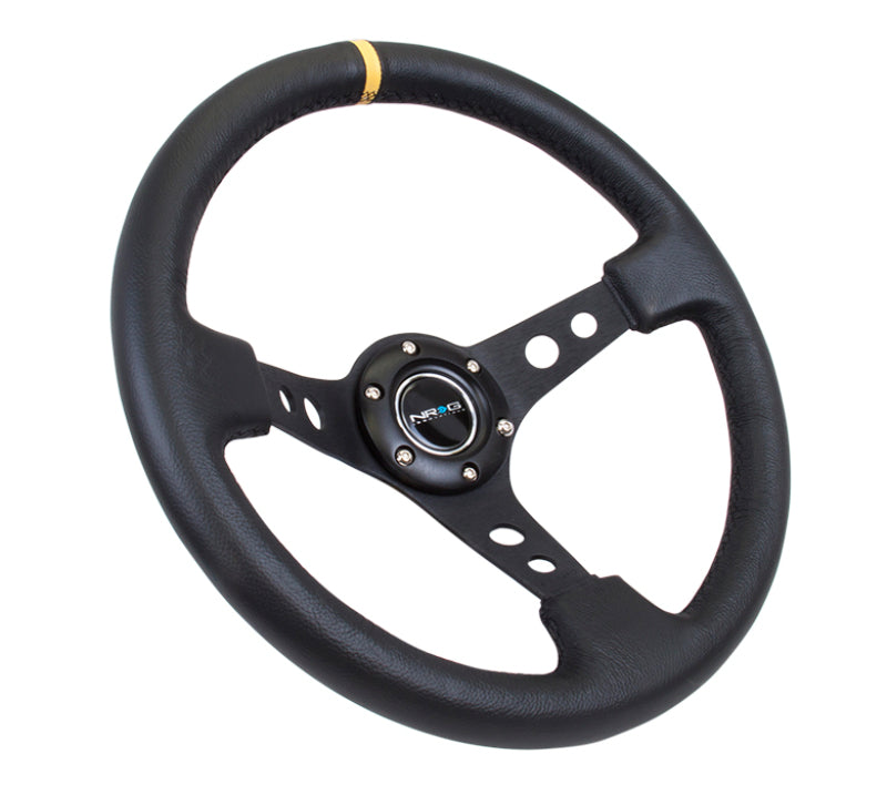 NRG Reinforced Steering Wheel (350mm / 3in. Deep) Blk Leather w/Blk Cutout Spoke/Yellow Center Mark - Black Ops Auto Works