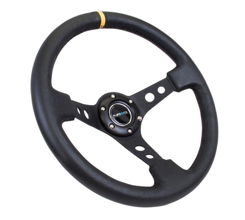 NRG Reinforced Steering Wheel (350mm / 3in. Deep) Blk Leather w/Blk Cutout Spoke/Yellow Center Mark - Black Ops Auto Works