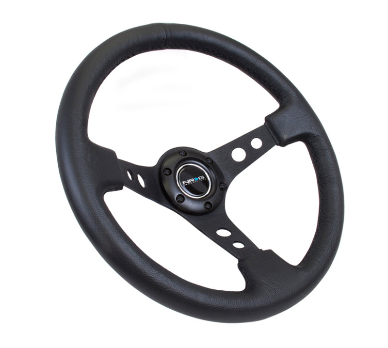 NRG Reinforced Steering Wheel (350mm / 3in. Deep) Blk Leather w/Blk Spoke & Circle Cutouts - Black Ops Auto Works