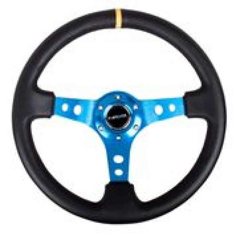 NRG Reinforced Steering Wheel (350mm / 3in. Deep) Blk Leather w/Blue Circle Cutout Spokes - Black Ops Auto Works