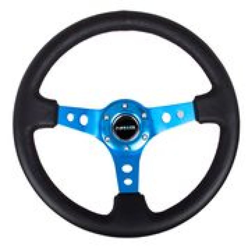 NRG Reinforced Steering Wheel (350mm / 3in. Deep) Blk Leather w/Blue Circle Cutout Spokes - Black Ops Auto Works