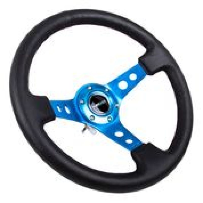 NRG Reinforced Steering Wheel (350mm / 3in. Deep) Blk Leather w/Blue Circle Cutout Spokes - Black Ops Auto Works