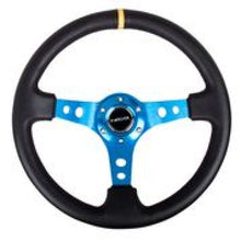 Load image into Gallery viewer, NRG Reinforced Steering Wheel (350mm / 3in. Deep) Blk Leather w/Blue Cutout Spoke &amp; Single Yellow CM - Black Ops Auto Works