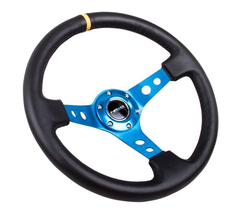 NRG Reinforced Steering Wheel (350mm / 3in. Deep) Blk Leather w/Blue Cutout Spoke & Single Yellow CM - Black Ops Auto Works