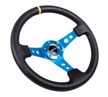 Load image into Gallery viewer, NRG Reinforced Steering Wheel (350mm / 3in. Deep) Blk Leather w/Blue Cutout Spoke &amp; Single Yellow CM - Black Ops Auto Works
