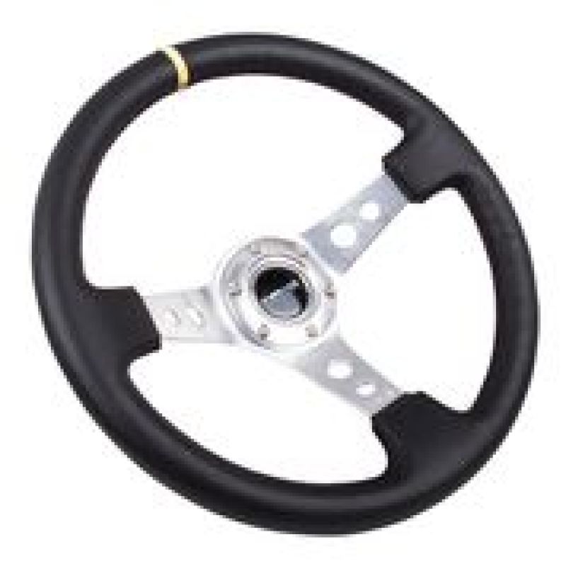NRG Reinforced Steering Wheel (350mm / 3in. Deep) Blk Leather w/Circle Cut Spokes & Single Yellow CM - Black Ops Auto Works