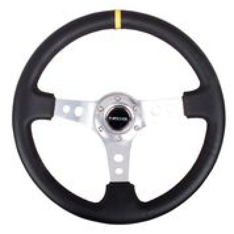 NRG Reinforced Steering Wheel (350mm / 3in. Deep) Blk Leather w/Circle Cut Spokes & Single Yellow CM - Black Ops Auto Works