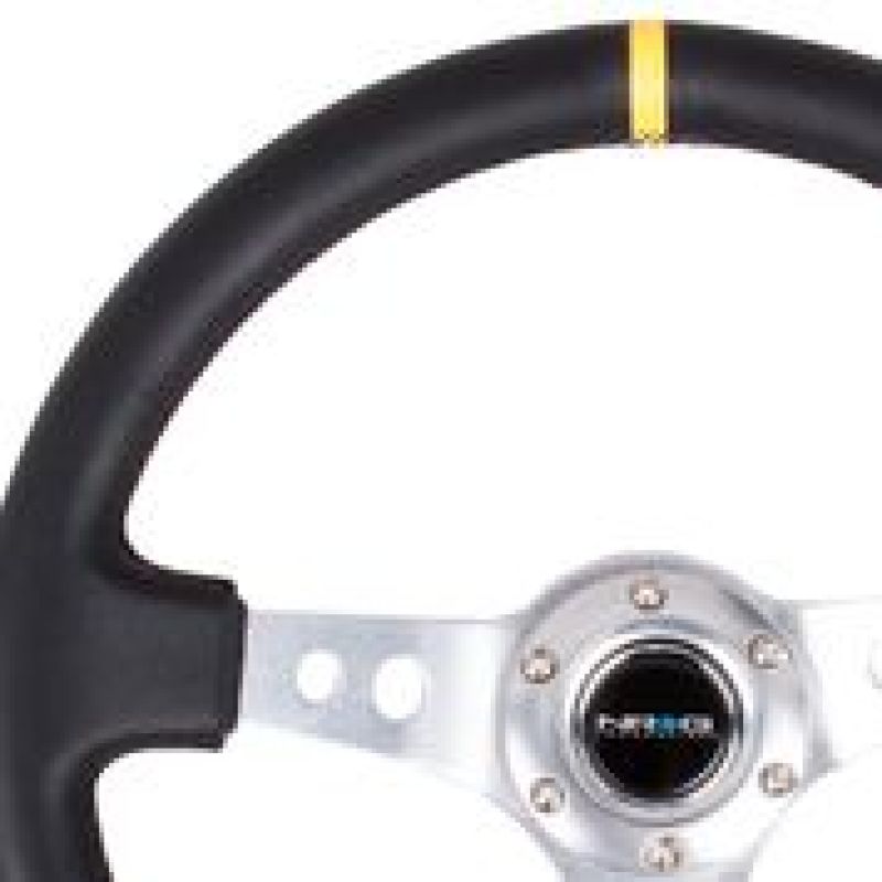 NRG Reinforced Steering Wheel (350mm / 3in. Deep) Blk Leather w/Circle Cut Spokes & Single Yellow CM - Black Ops Auto Works