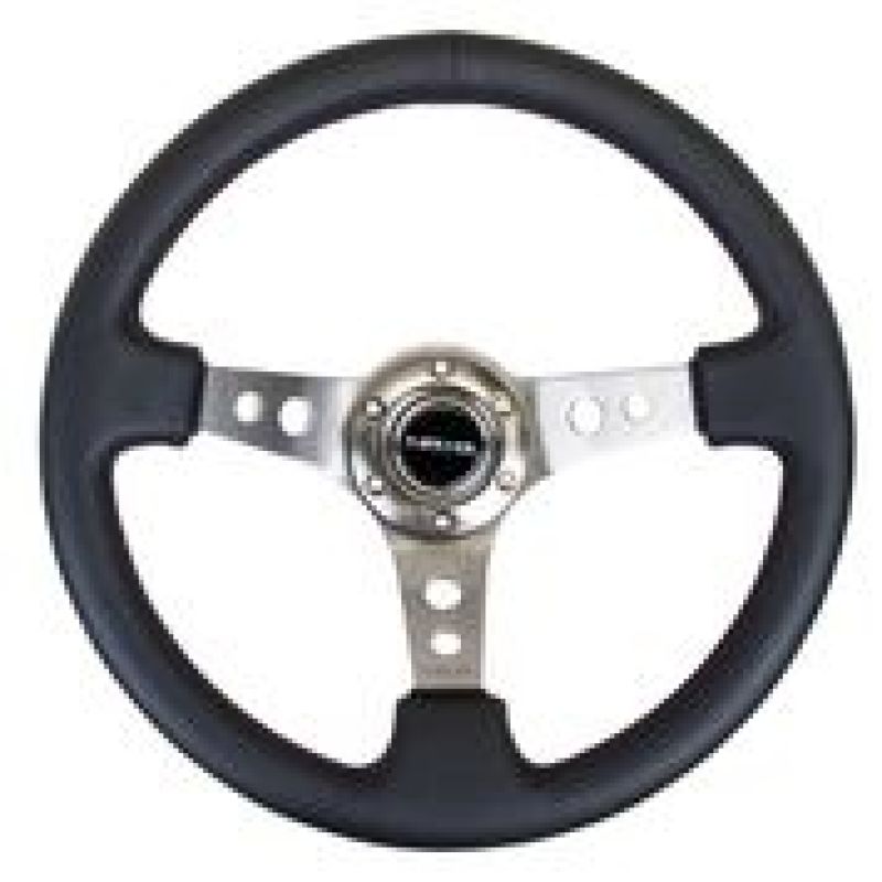 NRG Reinforced Steering Wheel (350mm / 3in. Deep) Blk Leather w/Gunmetal Circle Cutout Spokes - Black Ops Auto Works