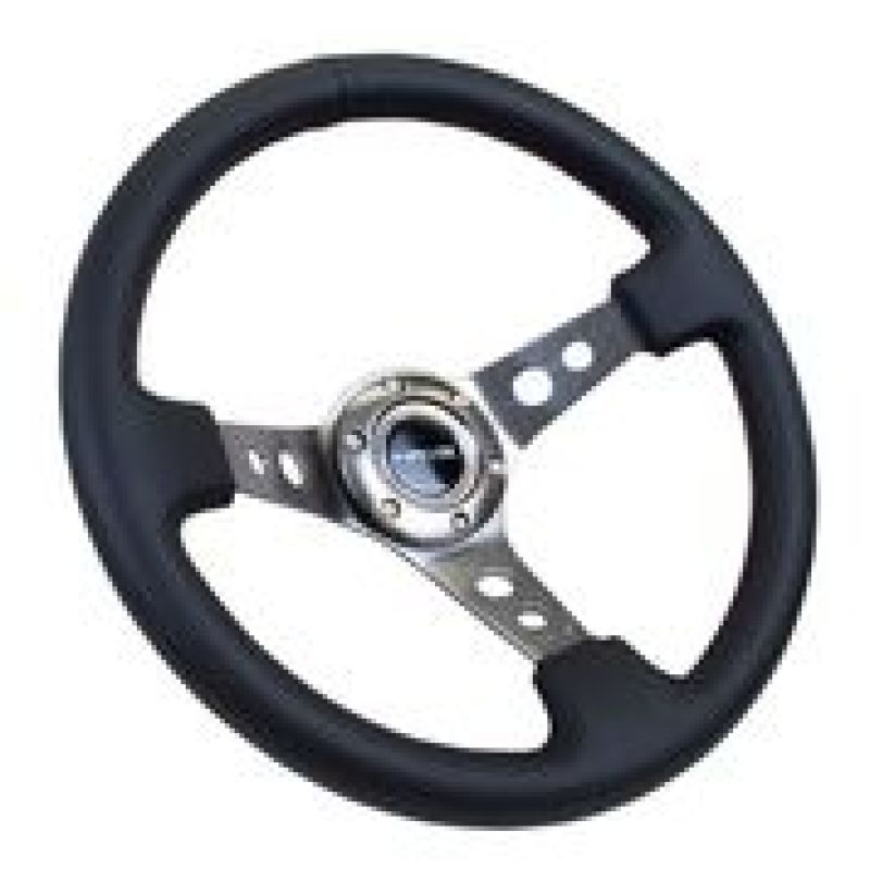 NRG Reinforced Steering Wheel (350mm / 3in. Deep) Blk Leather w/Gunmetal Circle Cutout Spokes - Black Ops Auto Works