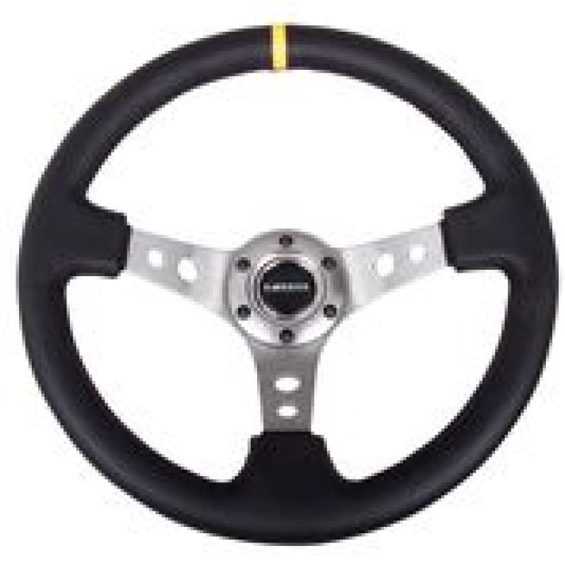 NRG Reinforced Steering Wheel (350mm / 3in. Deep) Blk Leather w/Gunmetal Cutout Spoke & Yellow CM - Black Ops Auto Works