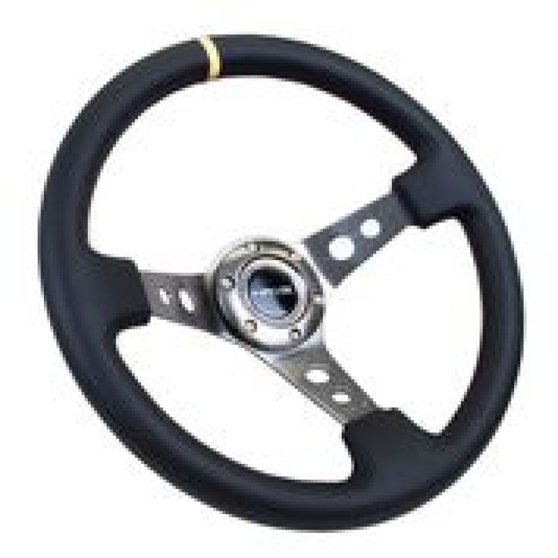 NRG Reinforced Steering Wheel (350mm / 3in. Deep) Blk Leather w/Gunmetal Cutout Spoke & Yellow CM - Black Ops Auto Works