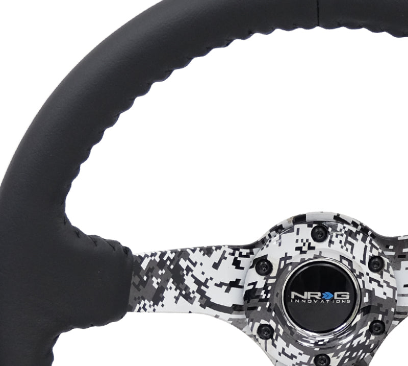 NRG Reinforced Steering Wheel (350mm / 3in. Deep) Blk Leather w/Hydrodipped Digi-Camo Spokes - Black Ops Auto Works