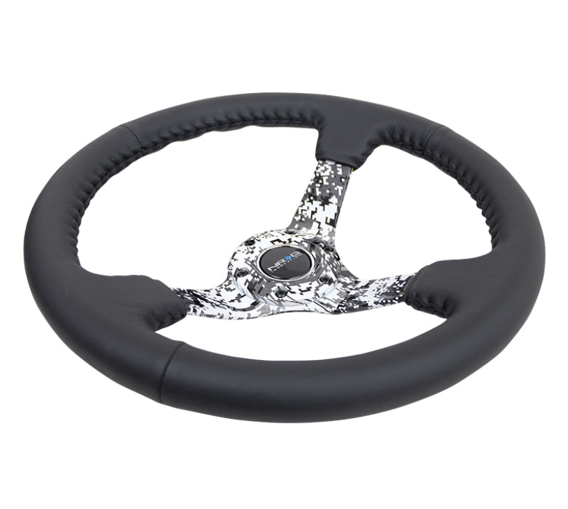 NRG Reinforced Steering Wheel (350mm / 3in. Deep) Blk Leather w/Hydrodipped Digi-Camo Spokes - Black Ops Auto Works