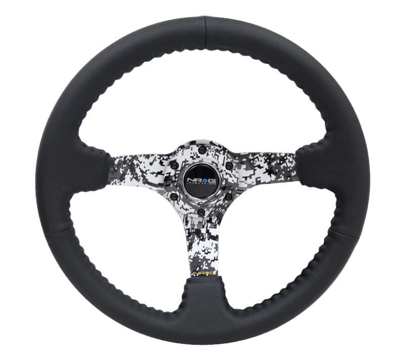 NRG Reinforced Steering Wheel (350mm / 3in. Deep) Blk Leather w/Hydrodipped Digi-Camo Spokes - Black Ops Auto Works