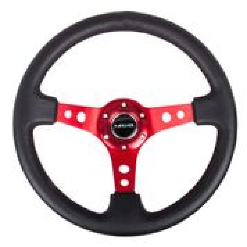 NRG Reinforced Steering Wheel (350mm / 3in. Deep) Blk Leather w/Red Circle Cutout Spokes - Black Ops Auto Works