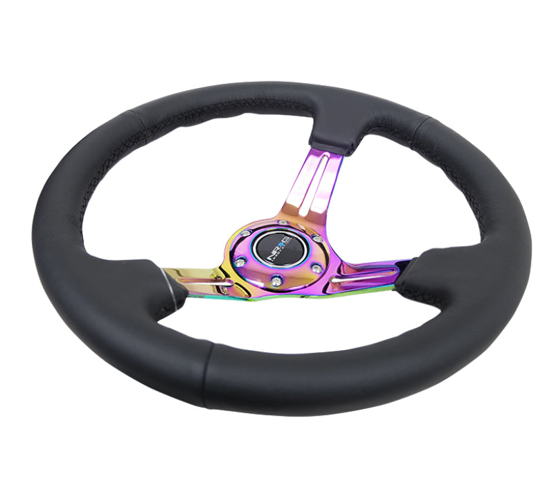 NRG Reinforced Steering Wheel (350mm / 3in. Deep) Blk Leather/Blk Stitch w/Neochrome Slits - Black Ops Auto Works