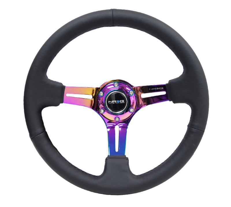 NRG Reinforced Steering Wheel (350mm / 3in. Deep) Blk Leather/Blk Stitch w/Neochrome Slits - Black Ops Auto Works