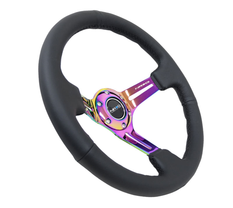 NRG Reinforced Steering Wheel (350mm / 3in. Deep) Blk Leather/Blk Stitch w/Neochrome Slits - Black Ops Auto Works