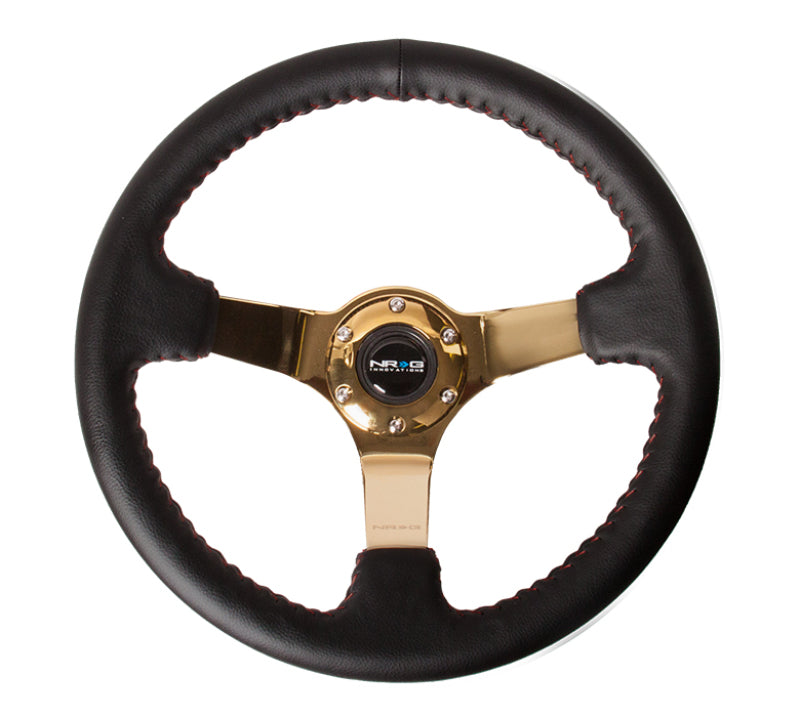 NRG Reinforced Steering Wheel (350mm / 3in. Deep) Blk Leather/Red BBall Stitch w/4mm Gold Spokes - Black Ops Auto Works