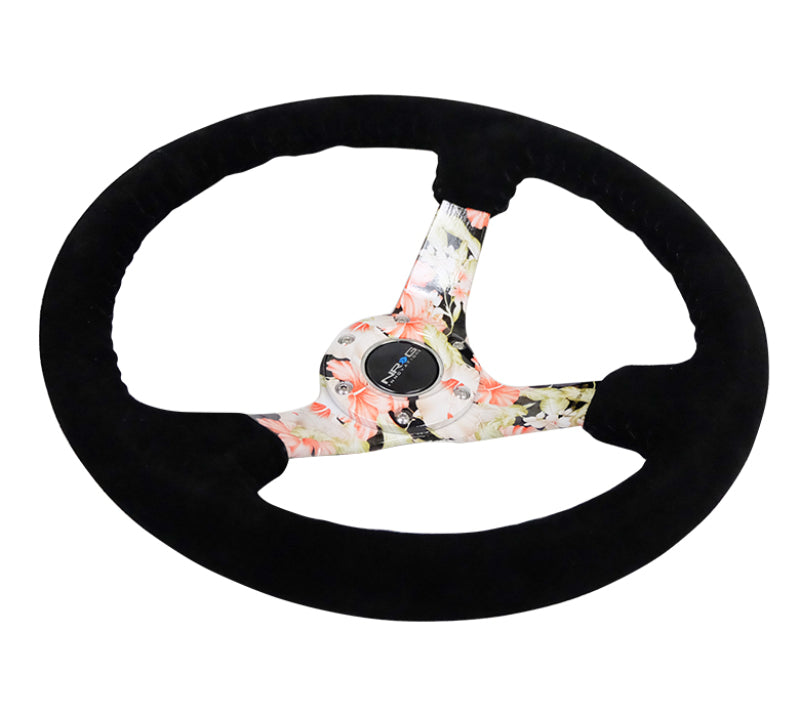NRG Reinforced Steering Wheel (350mm / 3in. Deep) Blk Suede Floral Dipped w/ Blk Baseball Stitch - Black Ops Auto Works