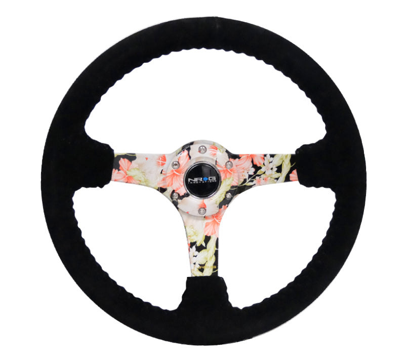 NRG Reinforced Steering Wheel (350mm / 3in. Deep) Blk Suede Floral Dipped w/ Blk Baseball Stitch - Black Ops Auto Works