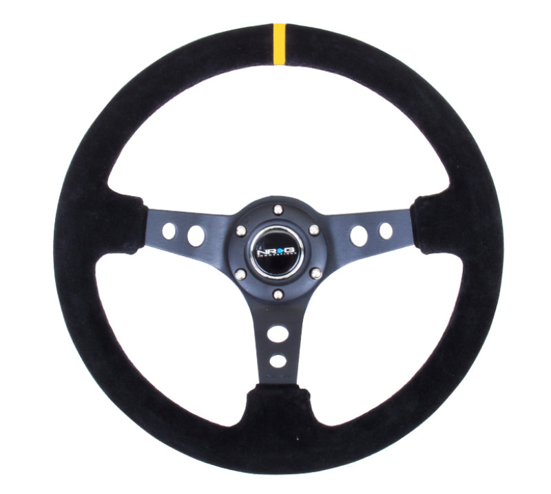 NRG Reinforced Steering Wheel (350mm / 3in. Deep) Blk Suede w/Circle Cut Spokes & Single Yellow CM - Black Ops Auto Works