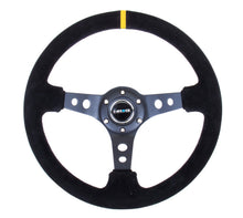 Load image into Gallery viewer, NRG Reinforced Steering Wheel (350mm / 3in. Deep) Blk Suede w/Circle Cut Spokes &amp; Single Yellow CM - Black Ops Auto Works