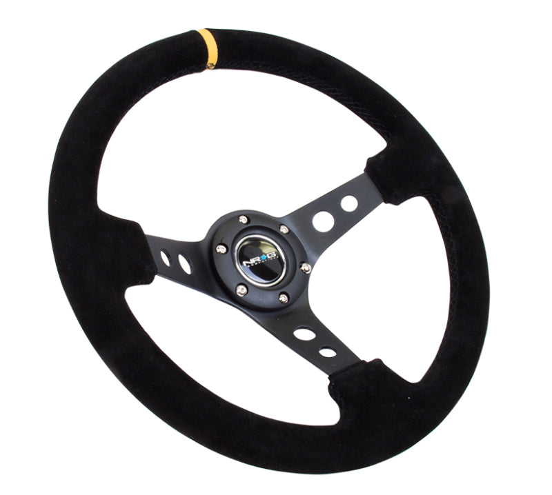 NRG Reinforced Steering Wheel (350mm / 3in. Deep) Blk Suede w/Circle Cut Spokes & Single Yellow CM - Black Ops Auto Works