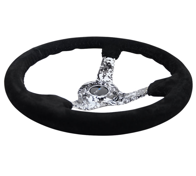 NRG Reinforced Steering Wheel (350mm / 3in. Deep) Blk Suede w/Hydrodipped Digi-Camo Spokes - Black Ops Auto Works