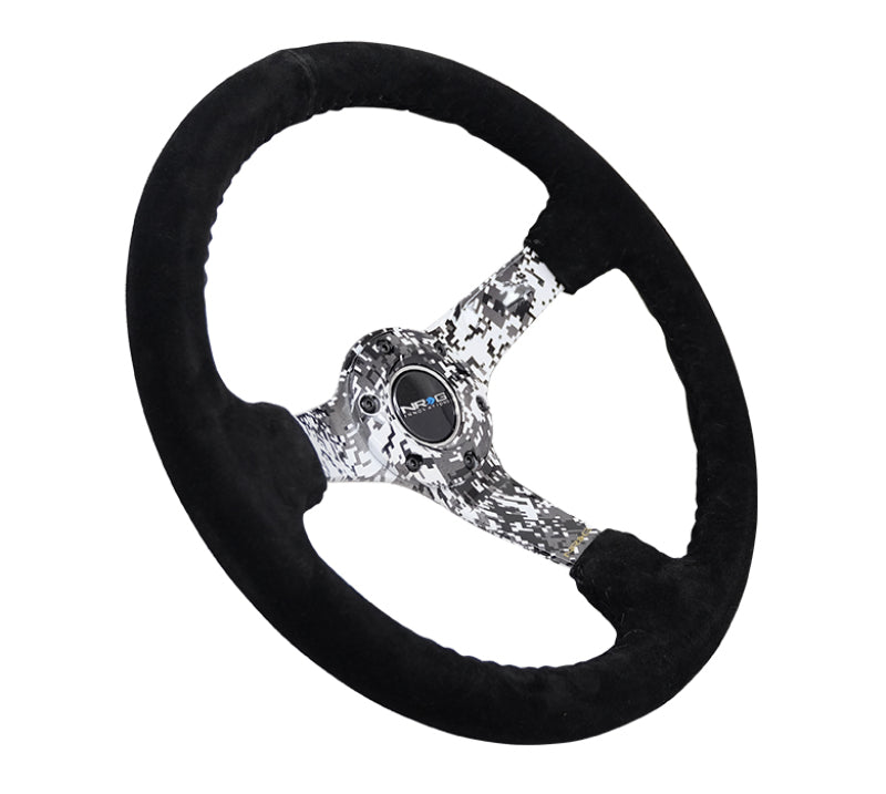 NRG Reinforced Steering Wheel (350mm / 3in. Deep) Blk Suede w/Hydrodipped Digi-Camo Spokes - Black Ops Auto Works